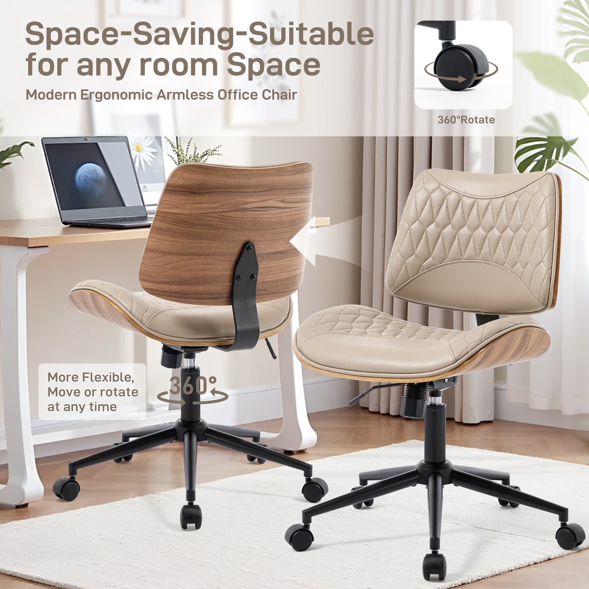 Armless Office Chair With Wheels, Adjustable Height Mid Back Small Desk Chair, Modern Walnut Bentwood Back, PU Leather Swivel Rolling Computer Task Chair For Home Office, Meeting Room, Study, Set Of 1_voghion.com